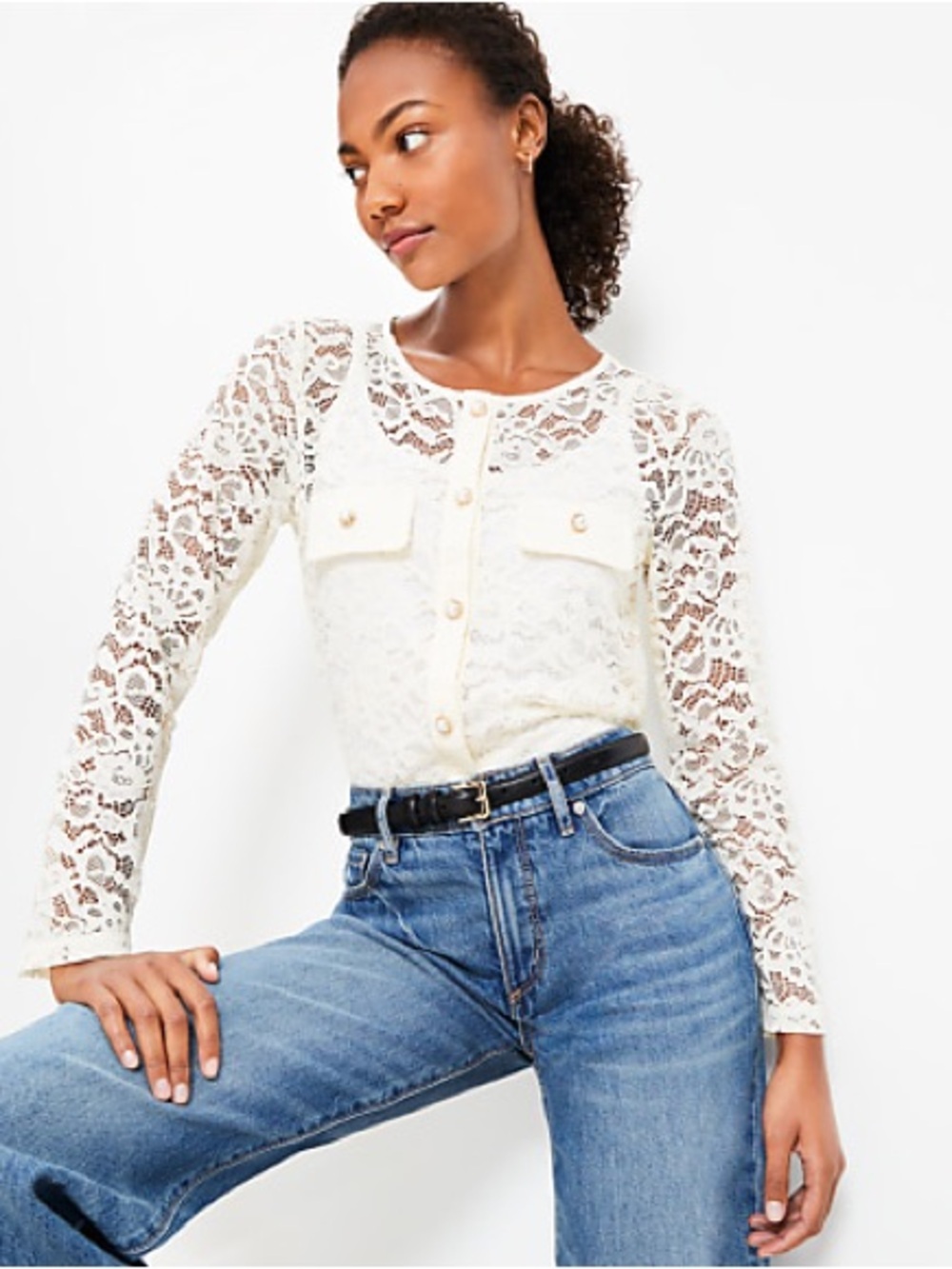 LOFT Ivory Lace Pearl-Button Top